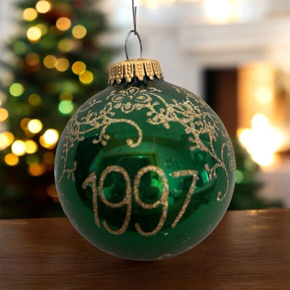 Krebs 1997 Christmas Glass Ball Santa on Silk Germany Green Gold - Picture 2 of 4